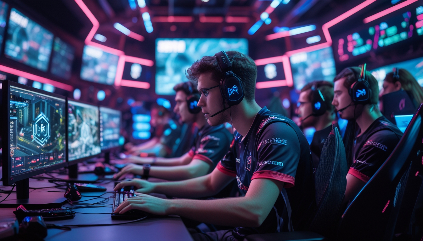 Sekelompok pemain esports profesional sedang bermain game PC dengan fokus di ruangan berlampu warna-warni dan monitor yang menampilkan grafik permainan futuristik.