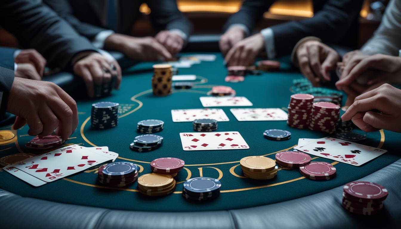 Meja poker dengan kartu dan chip, beberapa tangan pemain sedang memegang kartu dalam suasana kasino yang remang-remang.