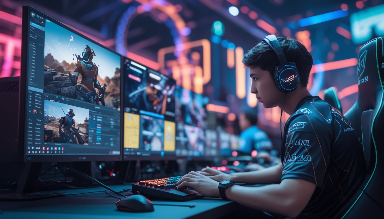 Seorang pemain esports profesional sedang bermain game di depan beberapa monitor di sebuah arena gaming futuristik dengan pencahayaan neon.