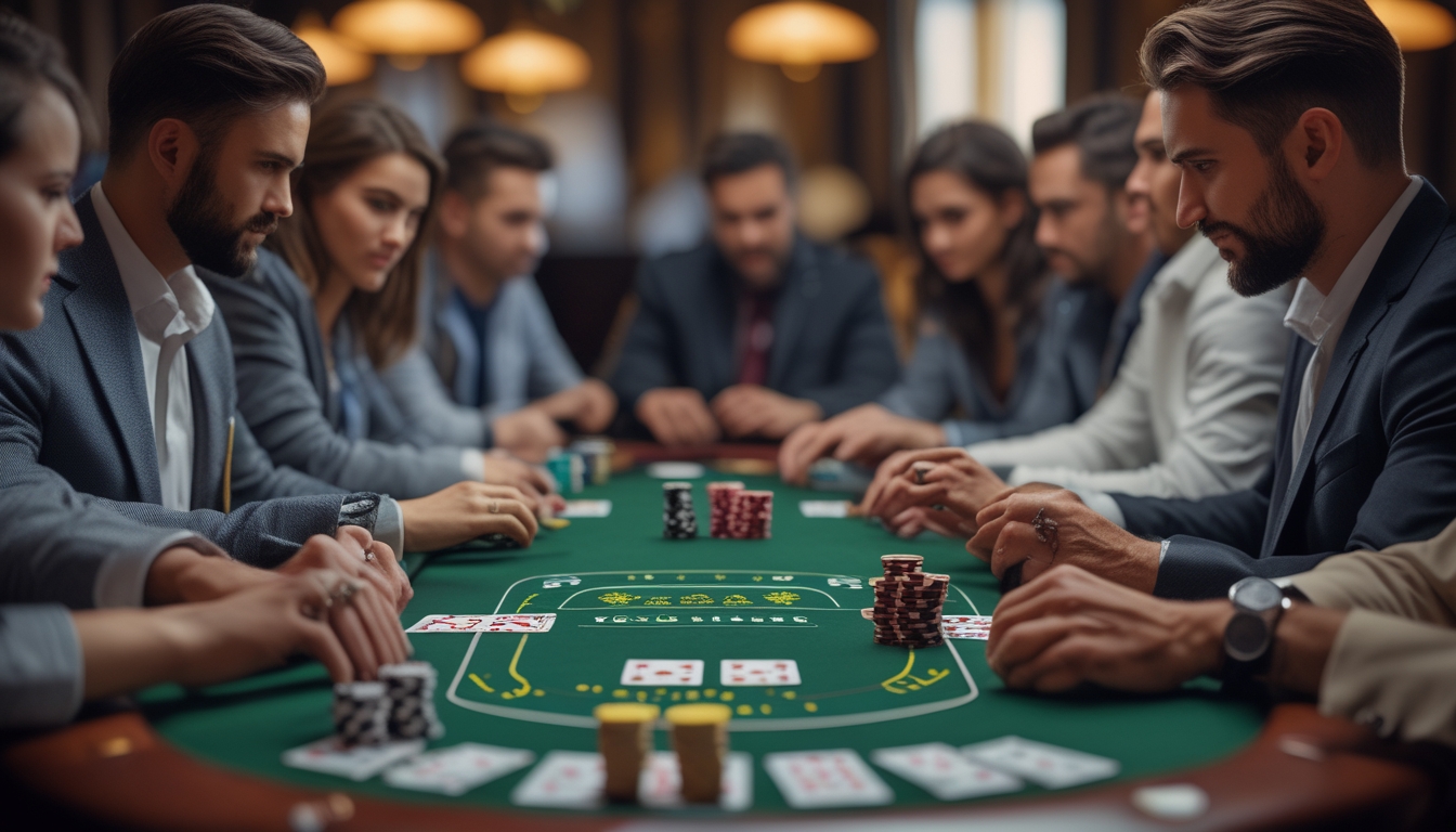 Sekelompok pemain poker bermain di meja hijau dengan kartu dan chip, menunjukkan suasana serius dan fokus dalam permainan.