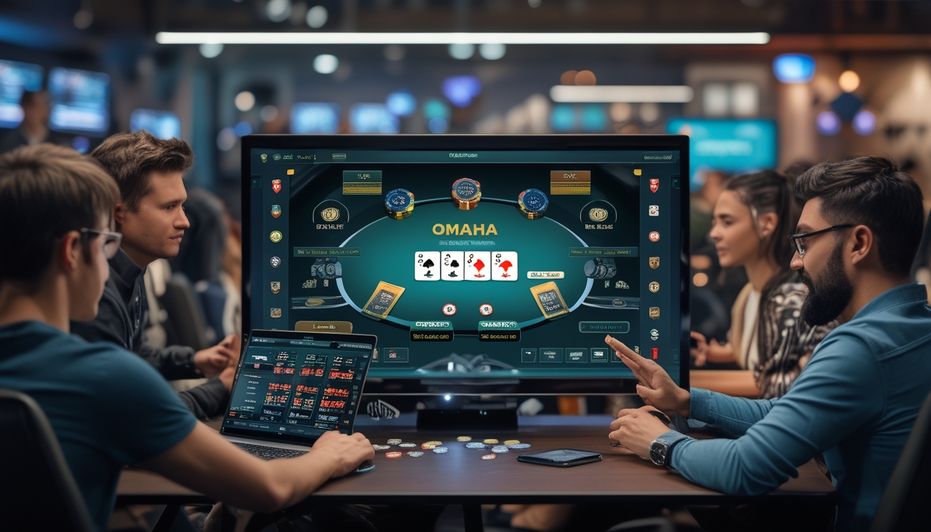 Sejumlah orang fokus bermain poker online dengan kartu dan chip di layar digital dalam ruangan modern.