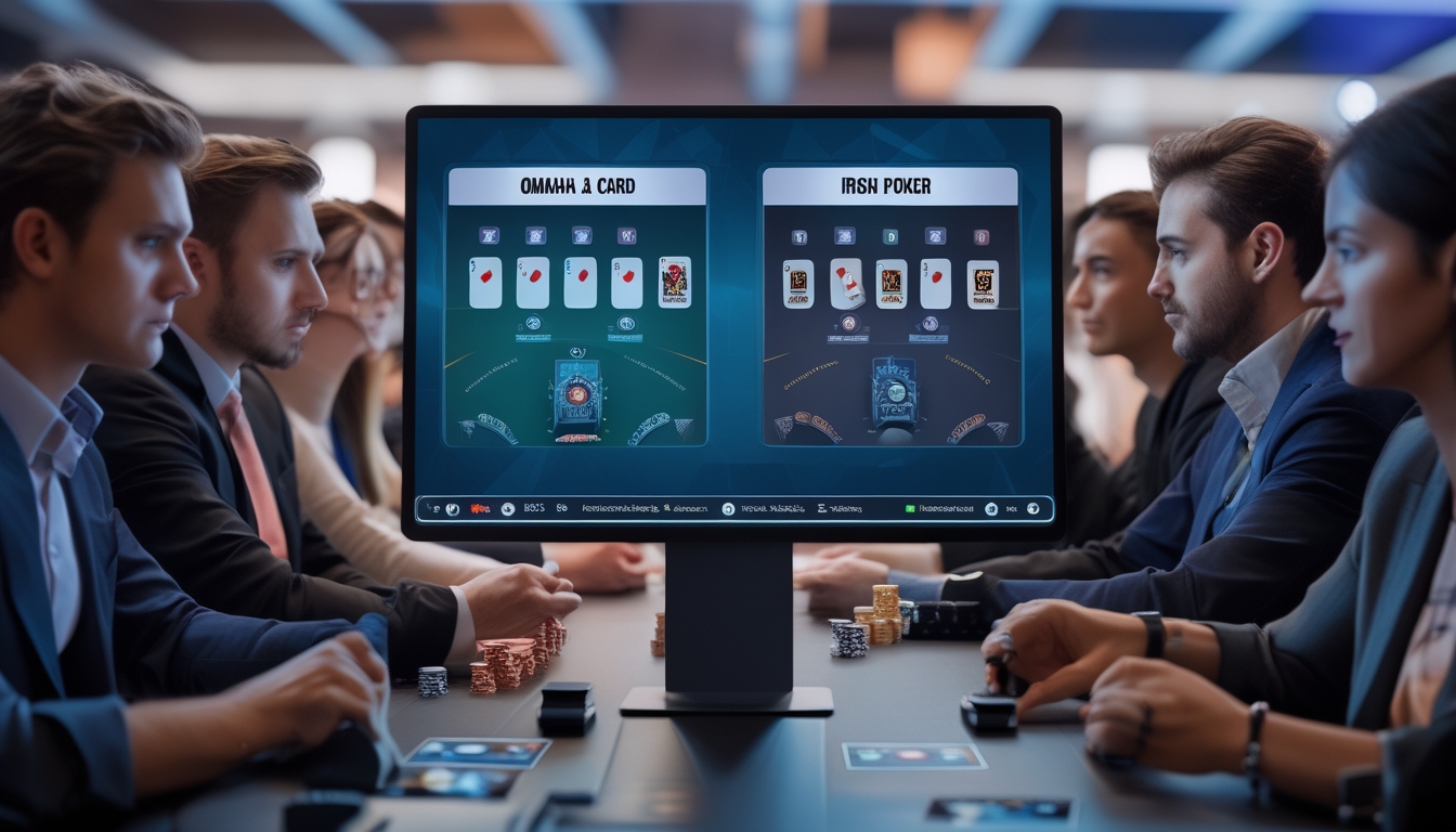 Beberapa pemain poker duduk di sekitar meja bermain dengan layar komputer menampilkan dua format permainan poker yang berbeda.