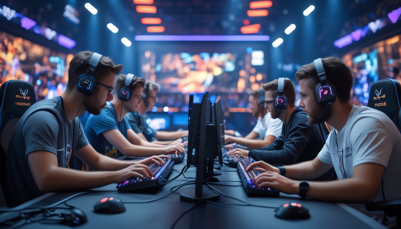 Sejumlah pemain esports FPS sedang fokus bermain di arena game modern dengan lampu LED dan layar besar.