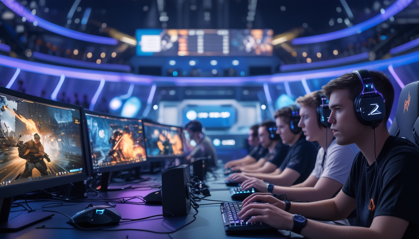 Sekelompok pemain game FPS dengan berbagai tingkat keahlian sedang bermain di arena esports modern dengan monitor besar dan pencahayaan dinamis.