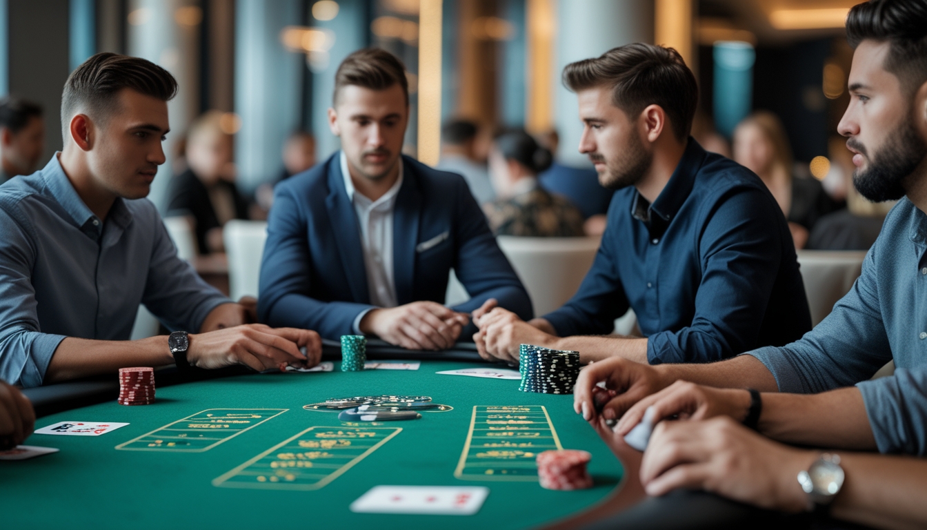 Beberapa pemain poker sedang bermain di meja kasino dengan kartu dan chip poker, fokus dan serius dalam permainan.