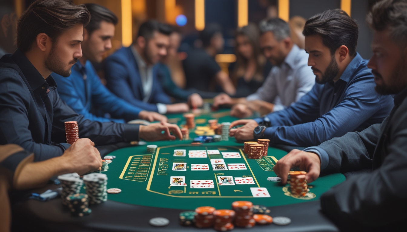 Meja poker dengan kartu dan chip, dikelilingi oleh pemain yang fokus bermain poker.
