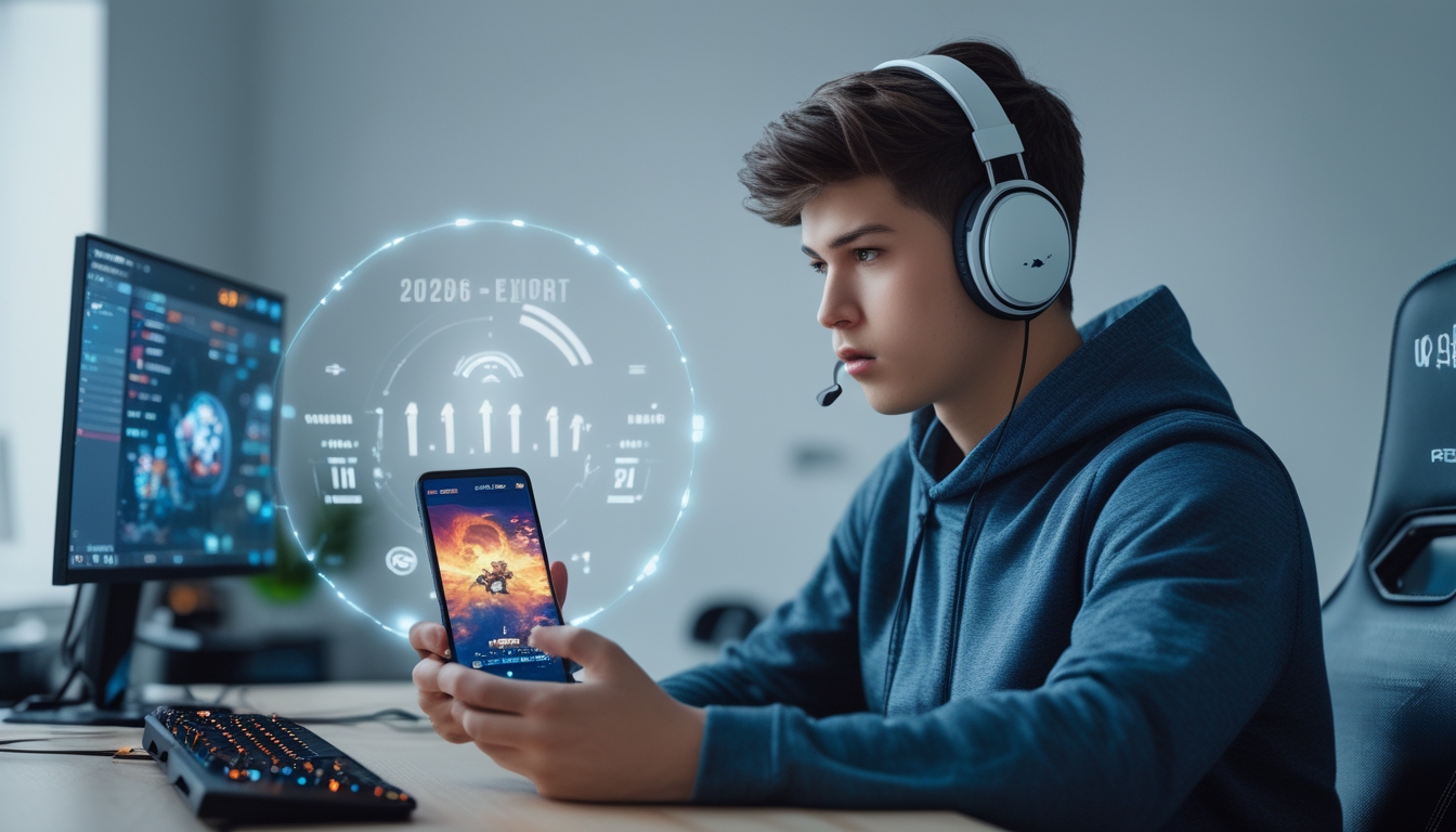 Seorang pemain muda sedang bermain game esports di ponsel Android dengan fokus dan serius di sebuah ruangan modern.