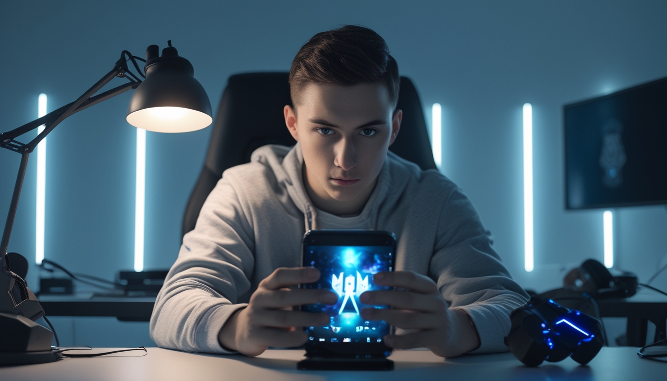 Seorang pemain muda sedang fokus bermain game kompetitif di smartphone Android dengan peralatan gaming di sekitarnya.