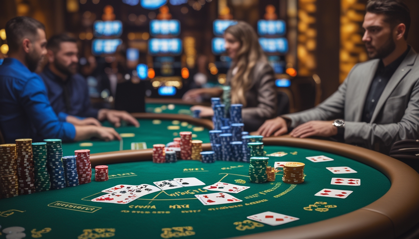 Meja poker dengan kartu dan chip, pemain sedang bermain poker dengan suasana kasino yang ramai dan lampu jackpot menyala.
