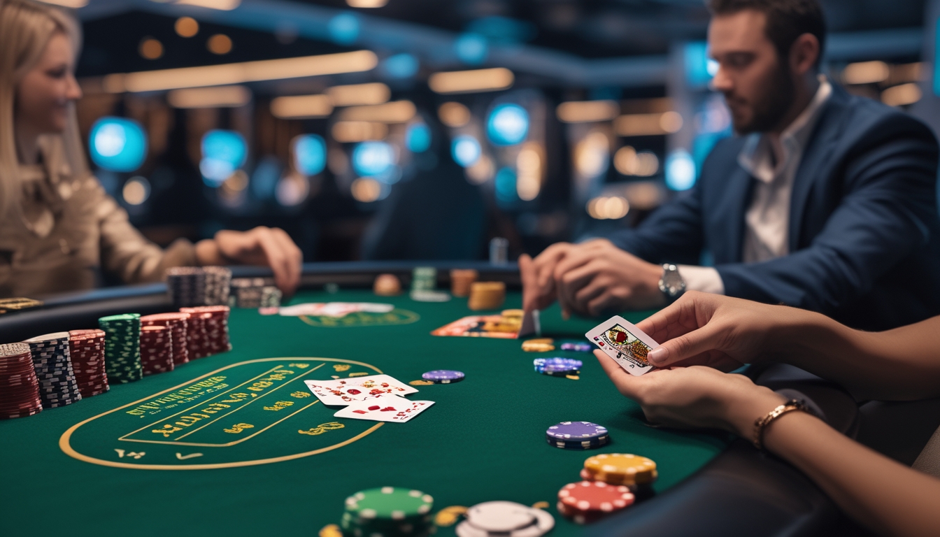 Meja poker dengan kartu dan chip, pemain sedang bermain Omaha 5 Card dan Irish Poker di kasino.