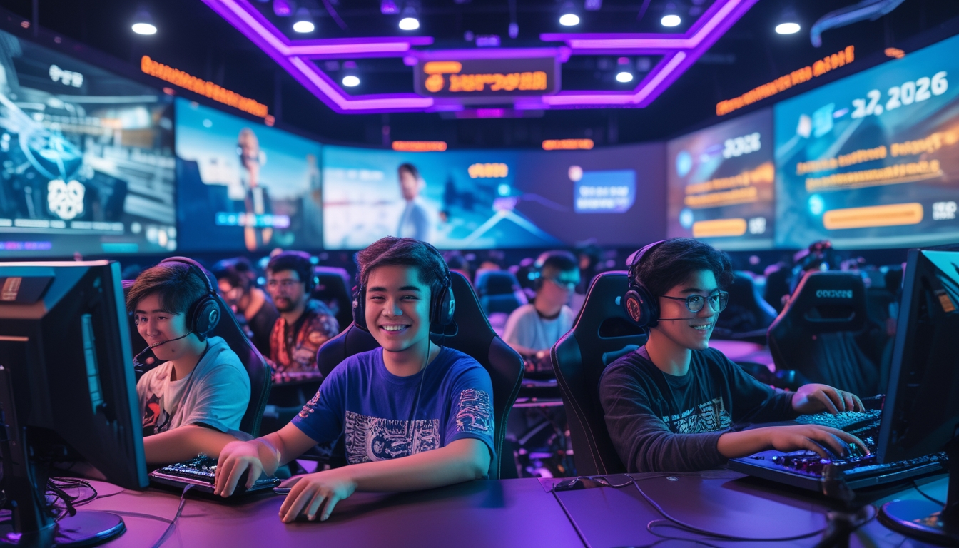 Sekelompok orang muda sedang bermain game esports di arena modern dengan layar besar dan pencahayaan warna-warni.