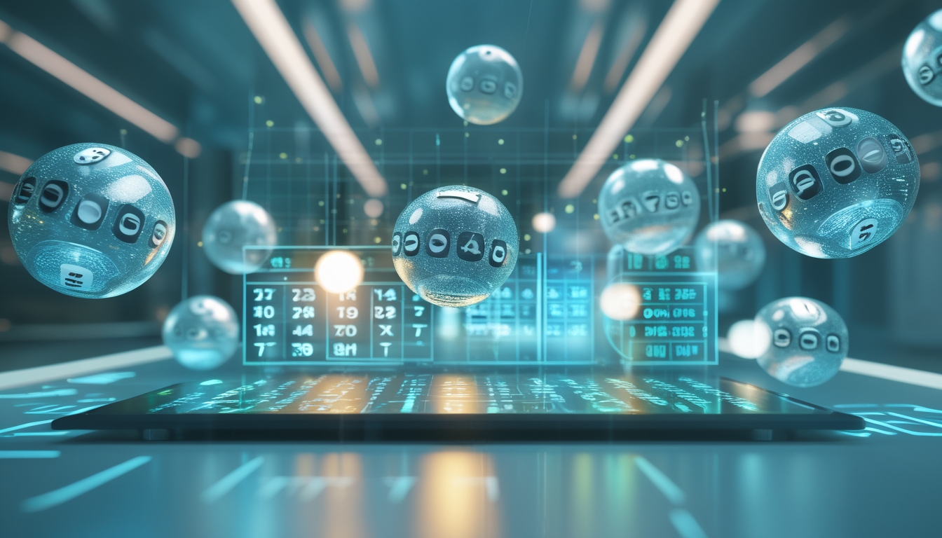 Tampilan antarmuka digital dengan bola lotre 3D dan angka 2D yang melayang di ruang kerja futuristik.