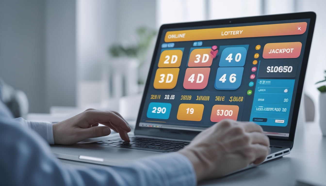 Seorang pengguna berinteraksi dengan layar komputer yang menampilkan antarmuka platform togel online resmi dengan angka dan ikon jackpot.