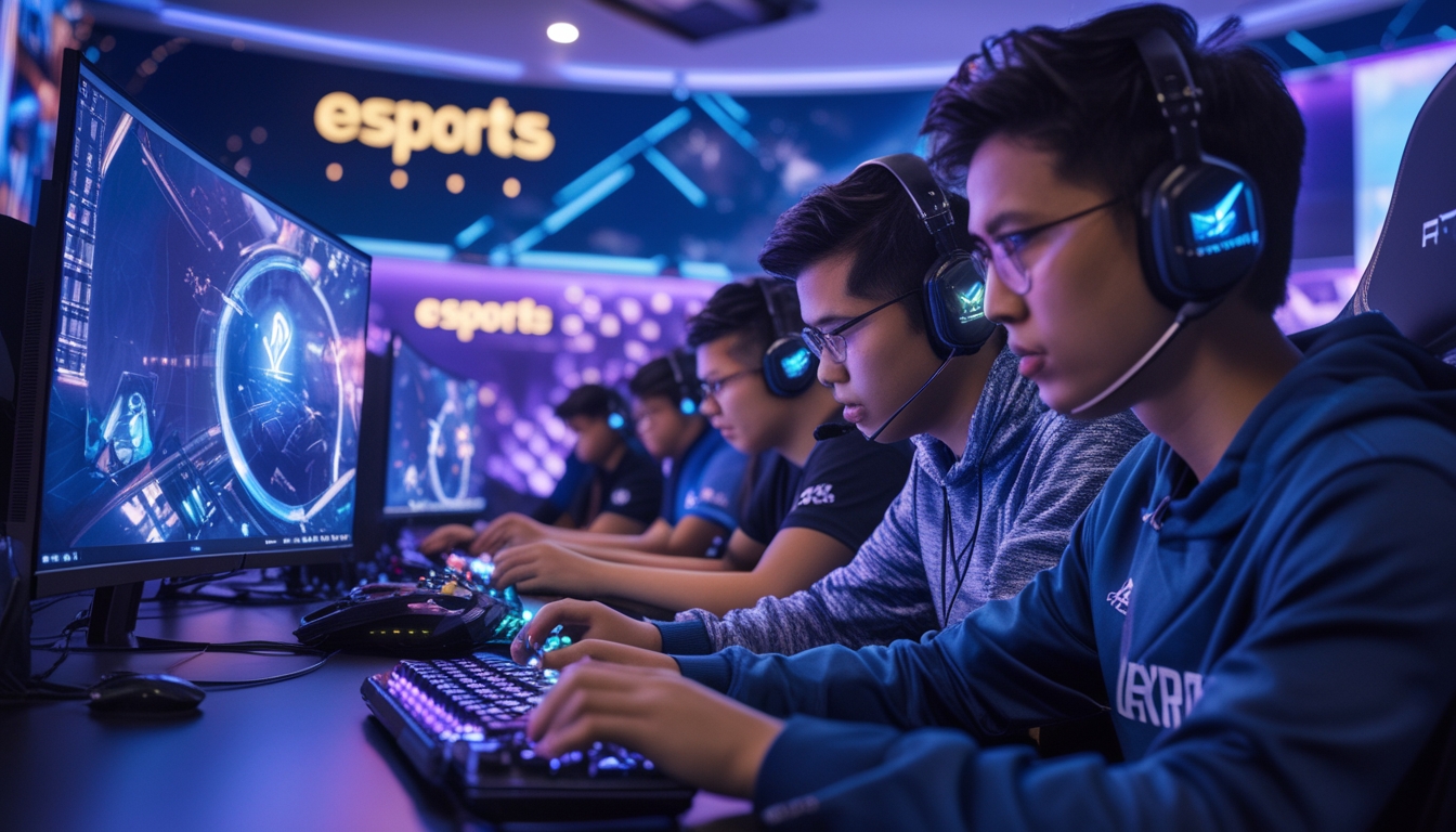 Sekelompok gamer muda Indonesia bermain game esports baru dengan fokus di ruangan gaming modern berlampu LED biru dan ungu.