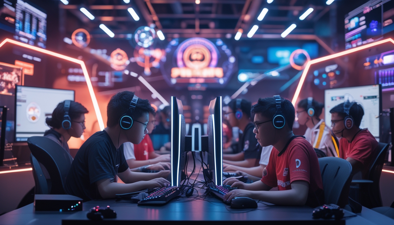Beberapa pemain muda Indonesia sedang bermain game esports dengan serius di sebuah arena esports modern yang penuh dengan pencahayaan warna-warni dan elemen digital futuristik.