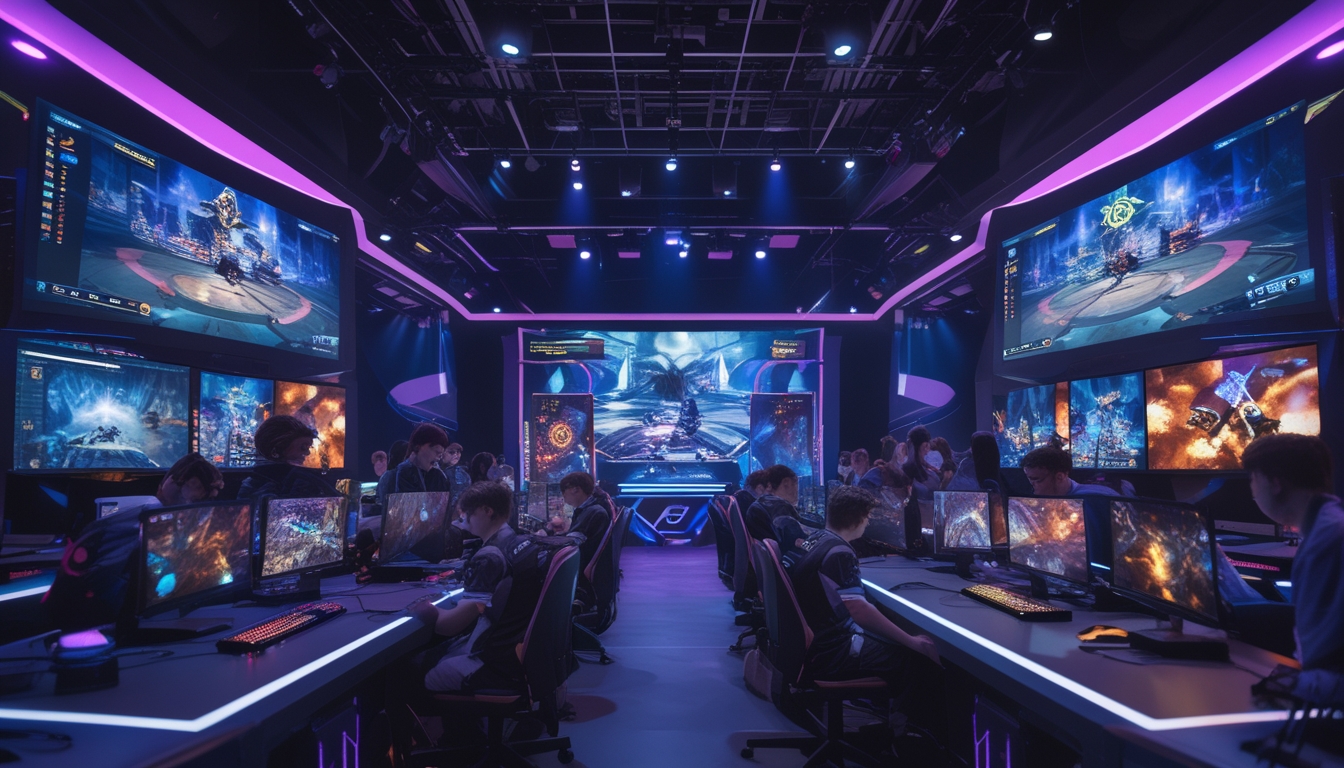 Suasana turnamen esports MOBA dengan pemain yang serius bermain di depan komputer dan penonton yang antusias menyaksikan pertandingan.