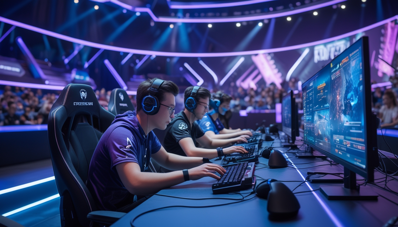 Suasana turnamen esports MOBA dengan pemain profesional yang fokus bermain di arena modern dan penonton yang menyaksikan pertandingan dengan antusias.