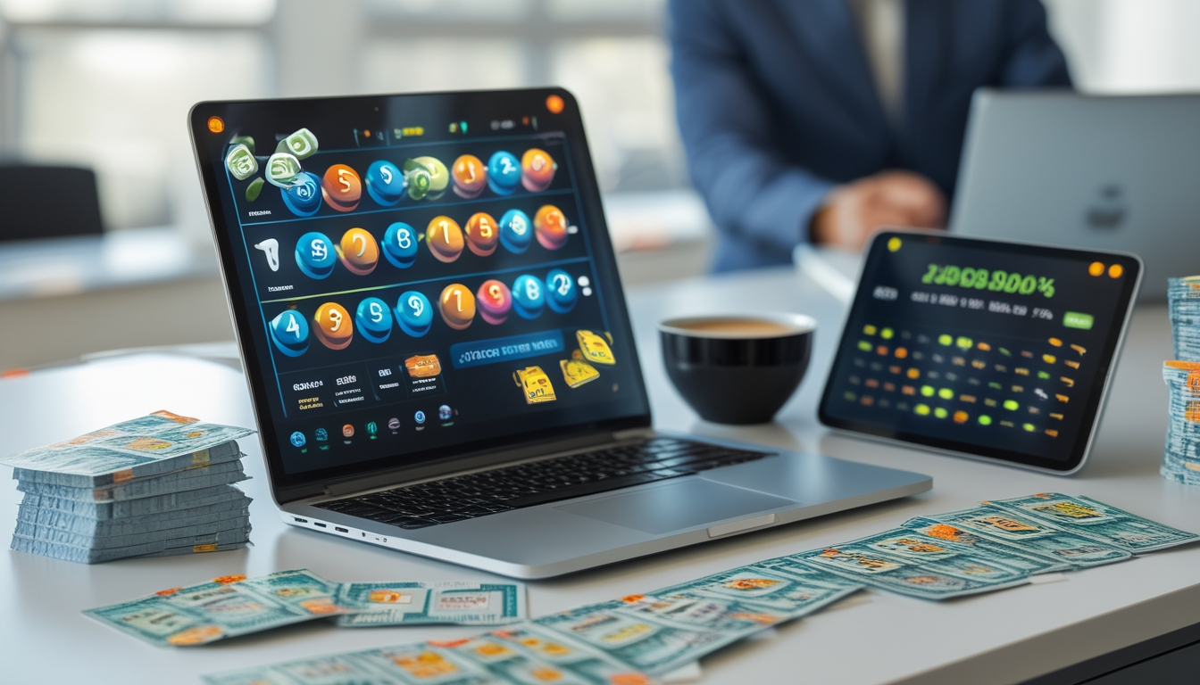 Meja kerja dengan laptop yang menampilkan angka lotere 2D dan 3D, tiket lotere, tablet dengan statistik jackpot, dan secangkir kopi.