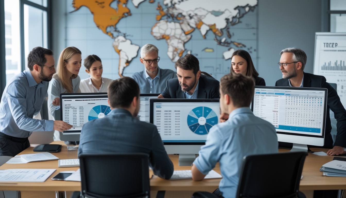 Sekelompok orang bekerja bersama di kantor dengan komputer dan dokumen yang menampilkan data taruhan togel 2D dan 3D.