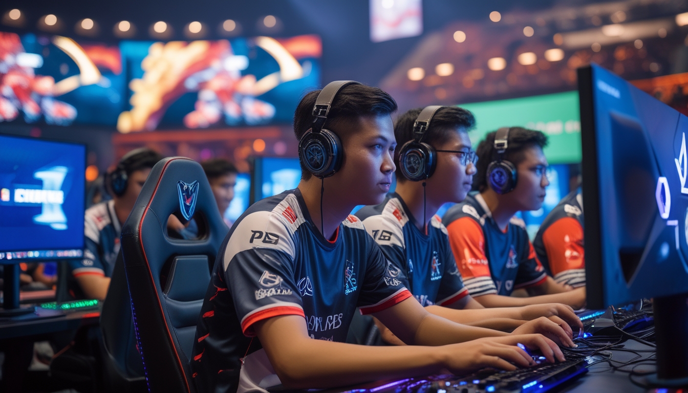 Sekelompok gamer muda Indonesia sedang bermain esports secara serius di arena permainan dengan monitor besar dan pencahayaan warna-warni.