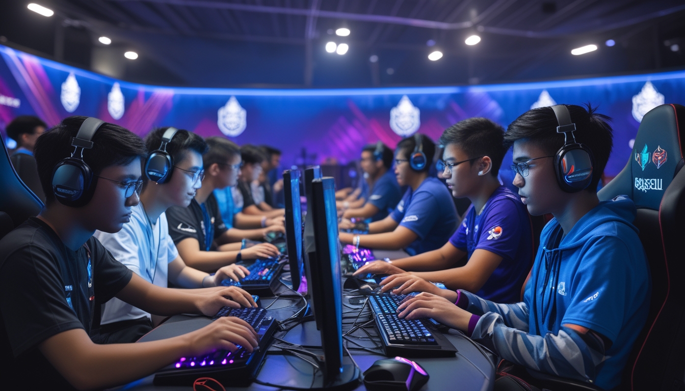 Sekelompok gamer muda Indonesia bermain game esports dengan serius di arena kompetisi yang modern dan berteknologi tinggi.