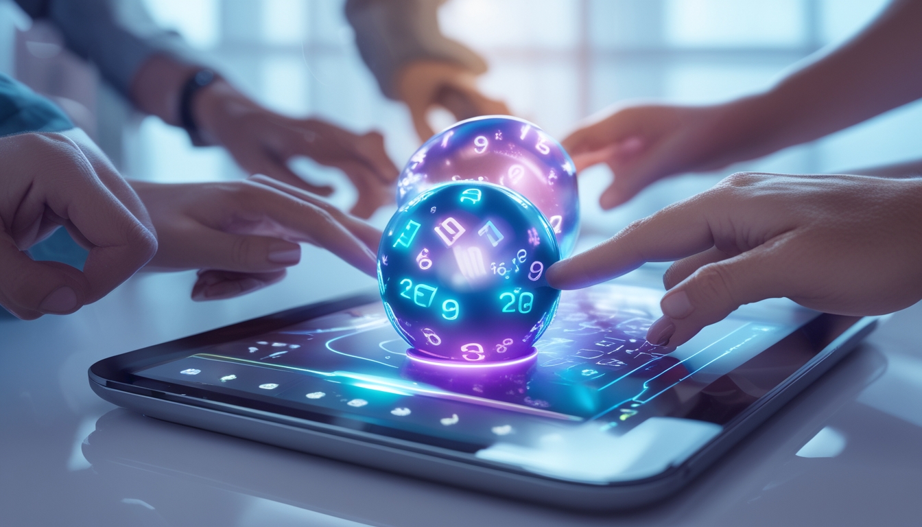 Orang-orang menggunakan perangkat layar sentuh dengan angka-angka kombinasi togel digital yang berwarna-warni di lingkungan teknologi modern.