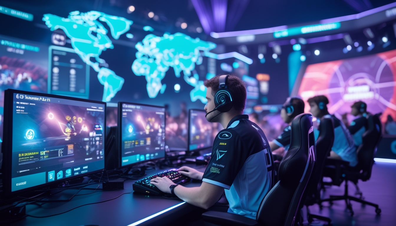 Atlet esports sedang bermain di arena kompetisi dengan layar besar dan pencahayaan warna biru dan ungu.