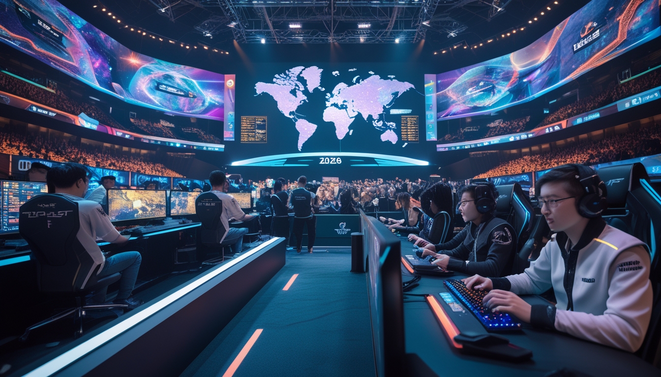 Arena esports futuristik dengan tim-tim yang bermain intens di depan layar besar menampilkan visual permainan dan peta strategi, serta penonton yang antusias di latar belakang.
