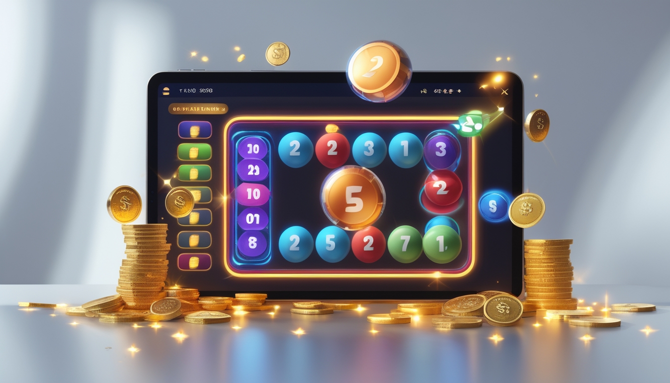 Gambar close-up perangkat digital dengan tampilan antarmuka lotere online dan simbol jackpot serta koin di sekitarnya.