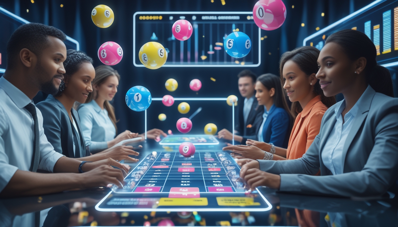 Orang-orang yang sedang bermain permainan kombinasi togel dengan bola bernomor dan layar digital di lingkungan permainan modern.
