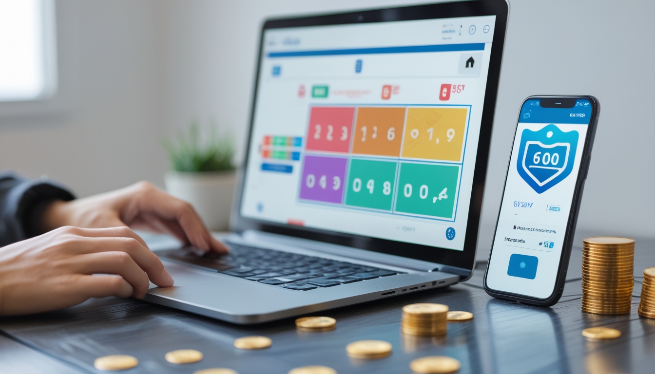 Seseorang menggunakan laptop di meja kerja dengan tampilan antarmuka lotere online dan ikon keamanan serta simbol jackpot di sekitar.