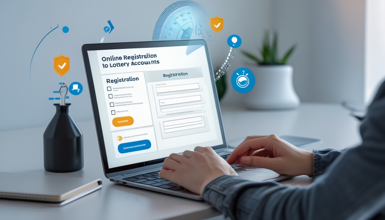 Meja kerja dengan laptop yang menampilkan formulir pendaftaran akun togel online, tangan seseorang sedang menggunakan laptop, suasana rapi dan terang.