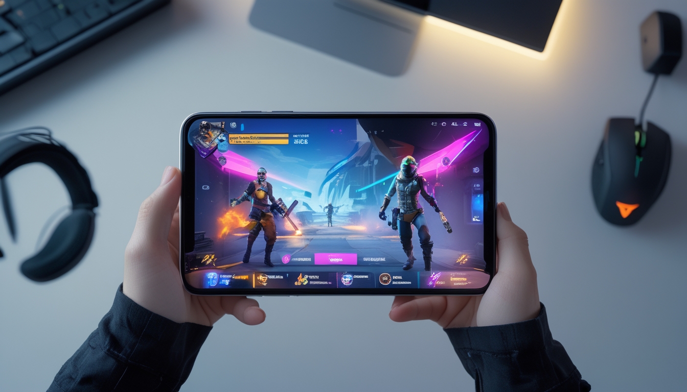 Seseorang memegang smartphone yang menampilkan permainan battle royale dengan latar belakang meja kerja teknologi modern.