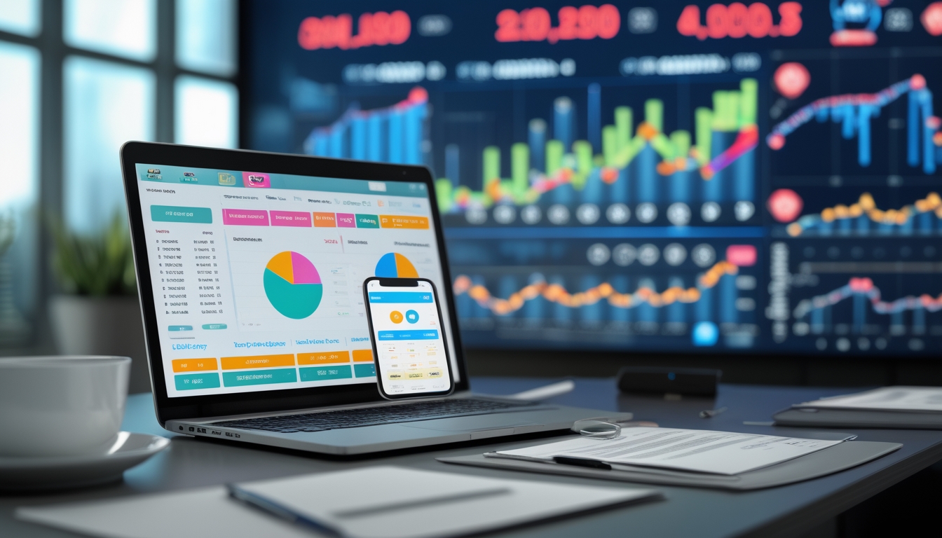 Suasana kantor modern dengan laptop dan ponsel yang menampilkan data dan grafik lotere, di atas meja terdapat kertas, pena, dan cangkir kopi.
