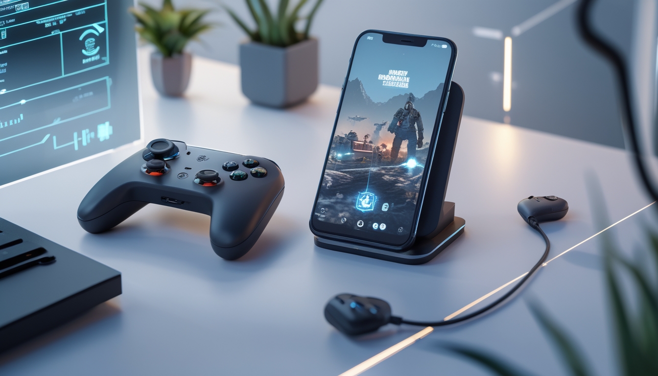 Sebuah smartphone menampilkan permainan battle royale yang sedang berjalan dengan lancar, dikelilingi oleh aksesori gaming di atas meja minimalis.