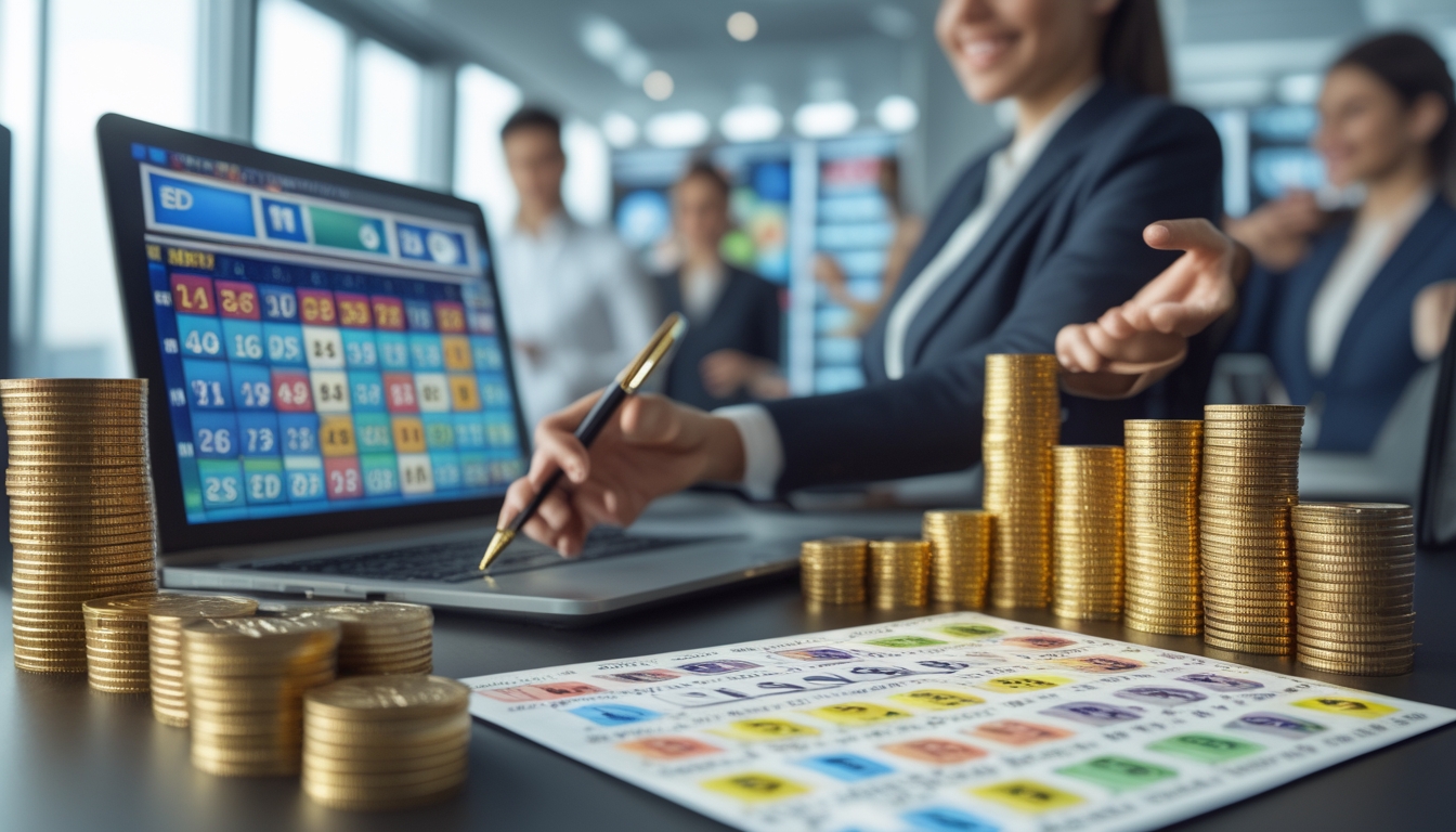 Suasana kantor modern dengan meja kerja yang menampilkan laptop dan daftar kombinasi angka togel, serta tumpukan uang dan koin emas sebagai simbol hadiah jackpot.
