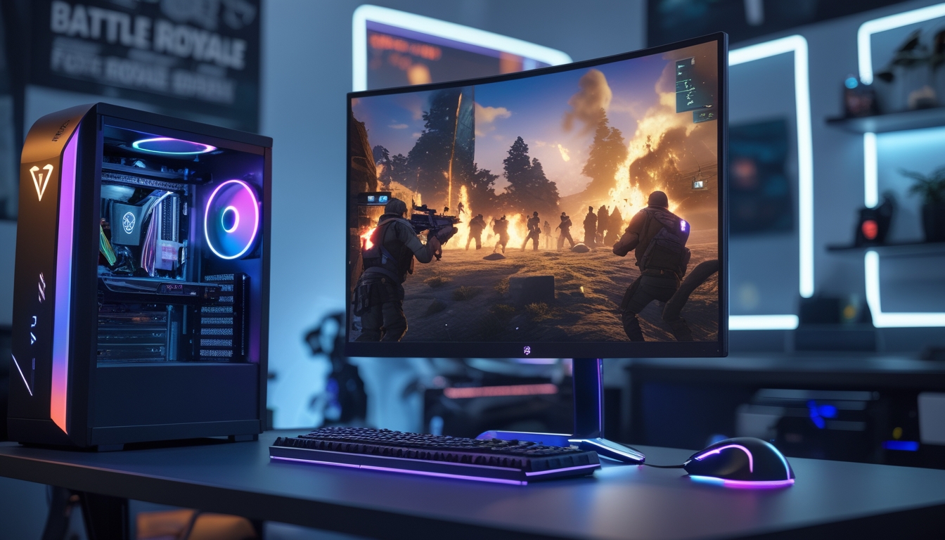 Sebuah setup gaming modern dengan komputer dan monitor besar menampilkan adegan permainan battle royale yang intens.