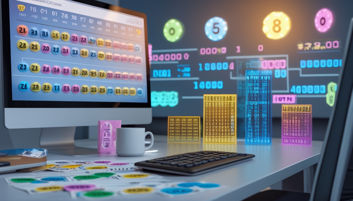 Meja kerja modern dengan layar komputer yang menampilkan kombinasi angka togel 2D dan 3D serta tiket togel, kalkulator, dan secangkir kopi.
