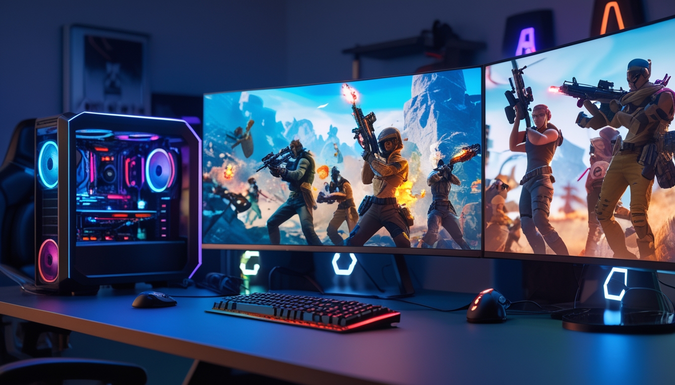 Sebuah ruangan gaming modern dengan komputer dan beberapa layar yang menampilkan adegan permainan Battle Royale yang intens dan penuh aksi.