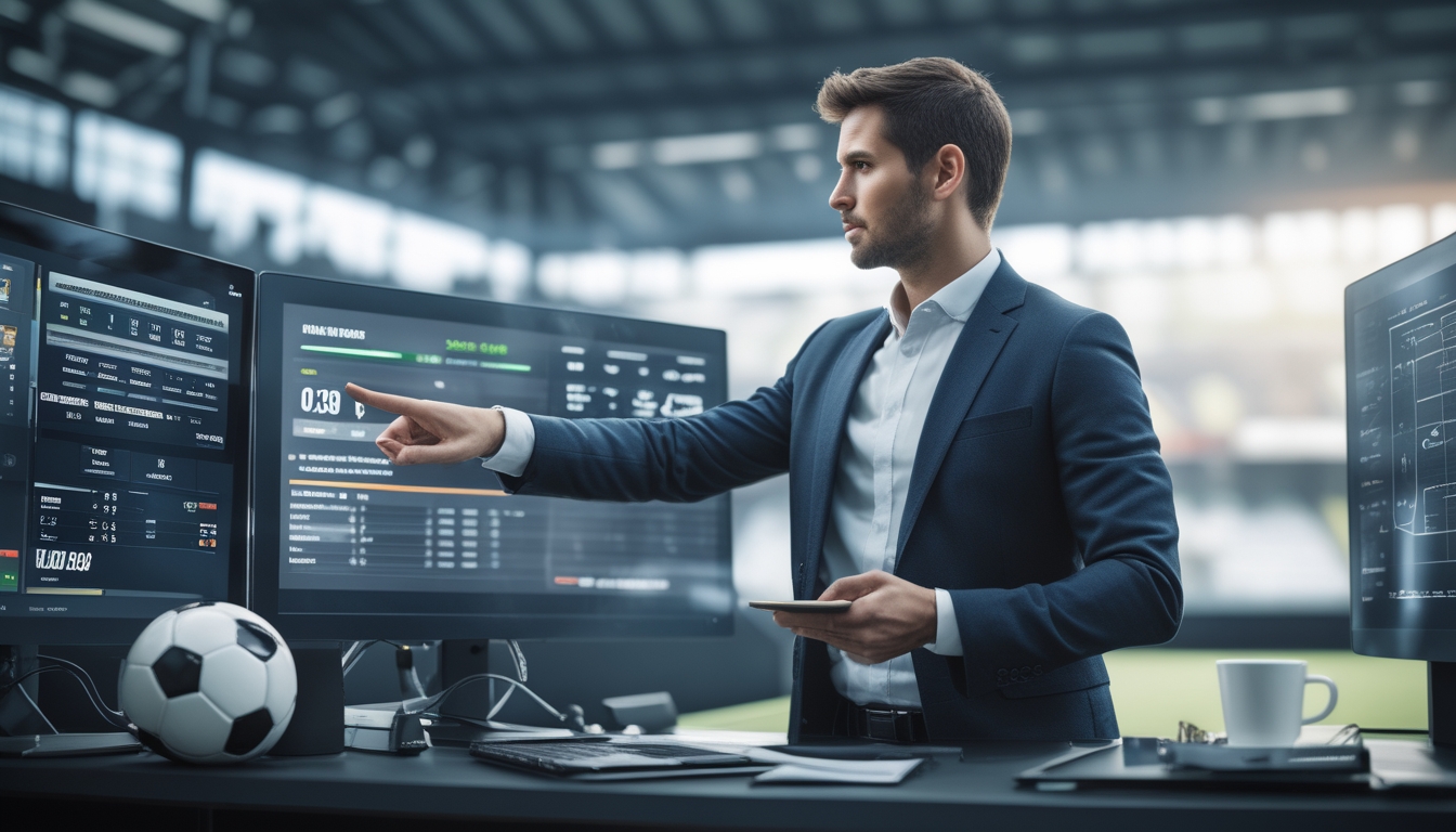 Seorang analis olahraga di depan meja dengan beberapa monitor menampilkan statistik sepak bola dan data pertandingan, di sekitar meja terdapat bola sepak, papan taktik, dan cangkir kopi, dengan latar belakang stadion yang samar.