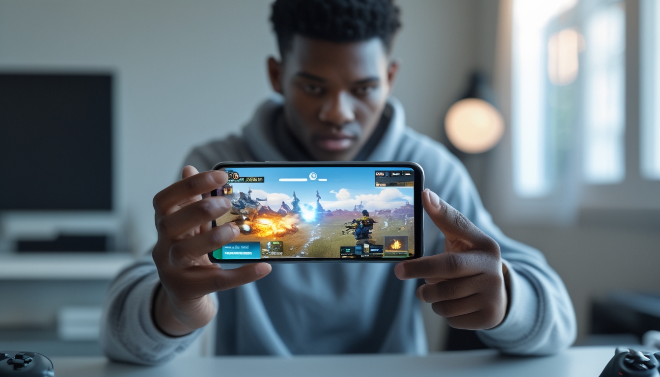 Seseorang sedang bermain game battle royale di ponsel dengan spesifikasi rendah di dalam ruangan.