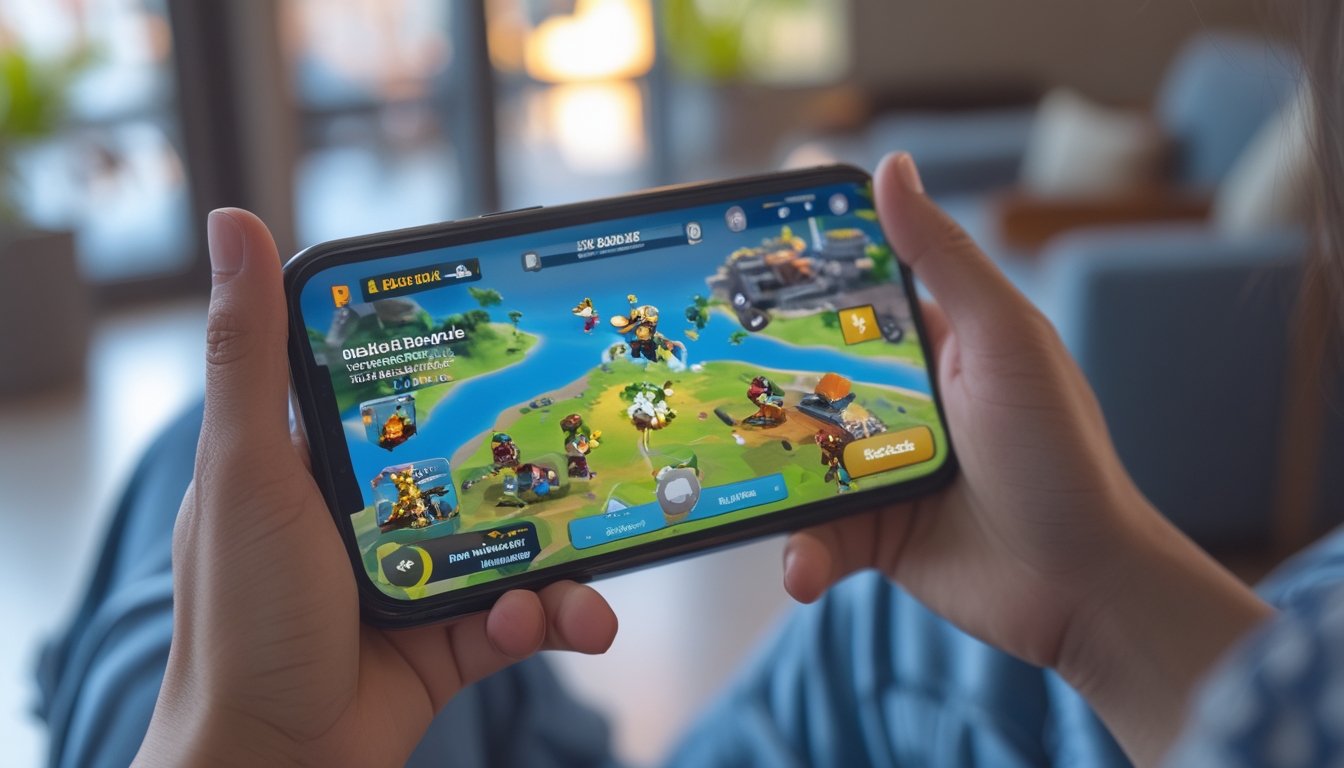 Seseorang memegang ponsel dengan layar menampilkan permainan battle royale offline yang sederhana dan berwarna-warni.