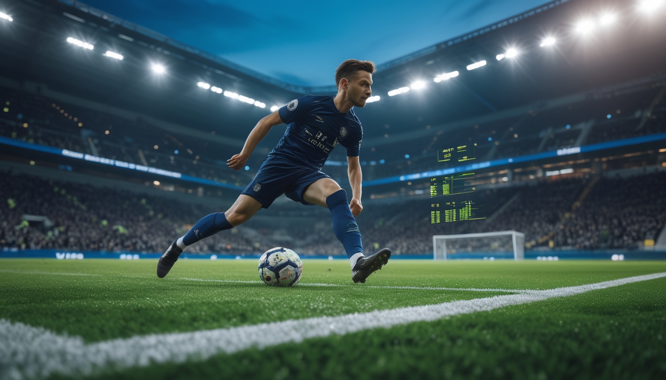 Seorang pemain sepak bola sedang beraksi di stadion yang penuh penonton saat pertandingan berlangsung.