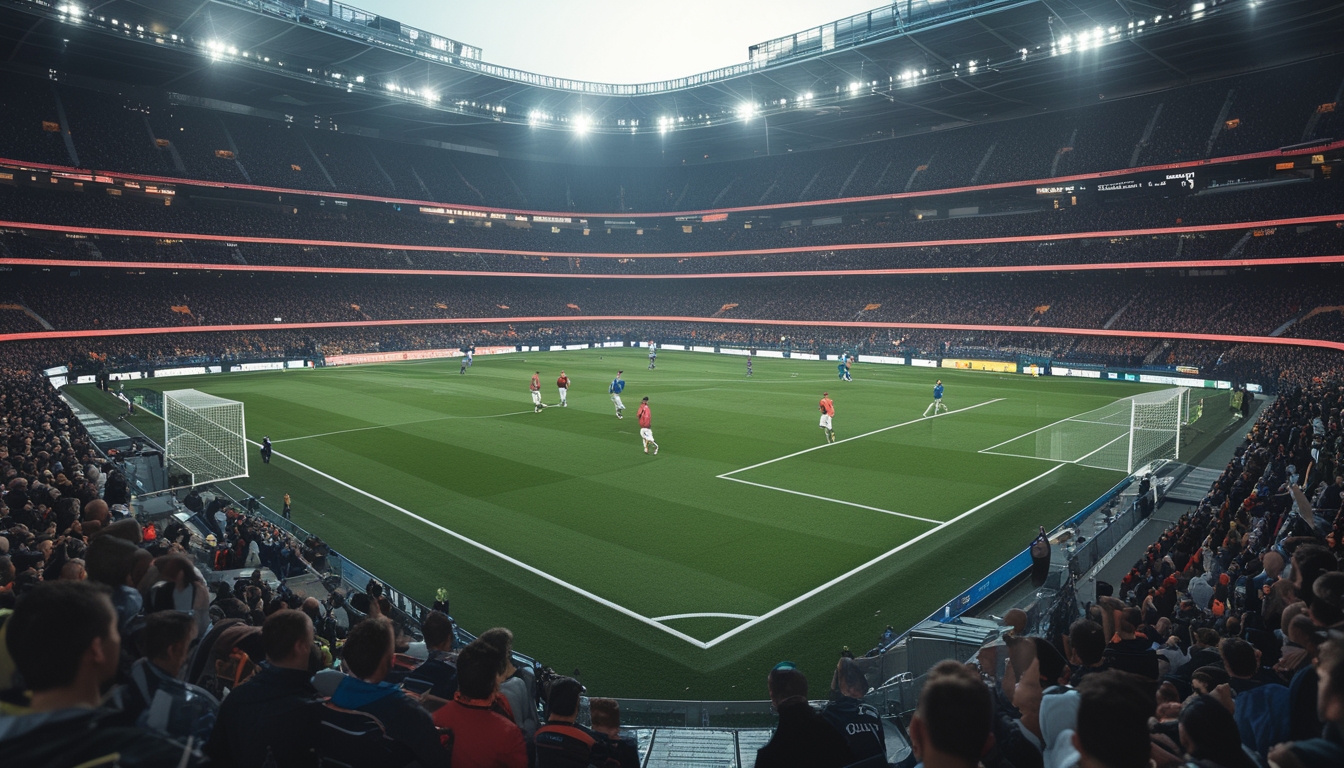 Seorang pemain sepak bola sedang mencetak gol terakhir di stadion penuh penonton saat pertandingan berlangsung.