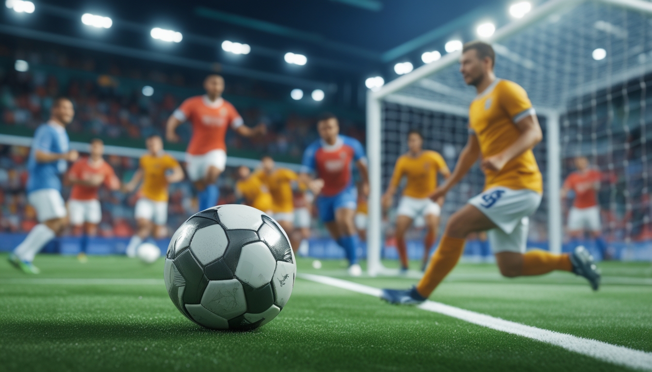 Pemain sepak bola sedang beraksi di lapangan hijau dengan bola mendekati gawang dan penonton di latar belakang.