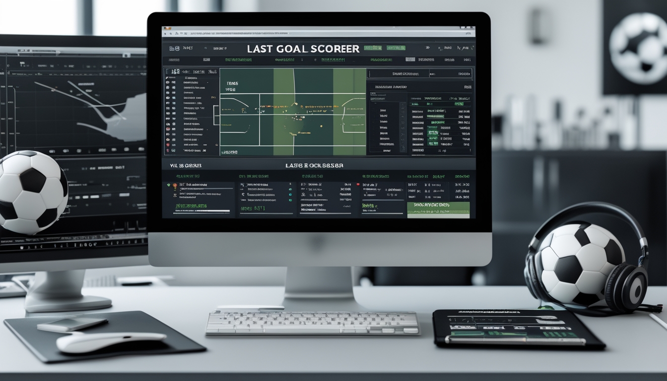 Suasana ruang kerja modern dengan komputer menampilkan data statistik sepak bola dan bola di atas meja.