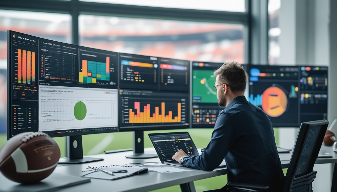 Seorang analis sepak bola sedang bekerja di depan beberapa layar komputer yang menampilkan data dan grafik statistik pemain dan pertandingan sepak bola.