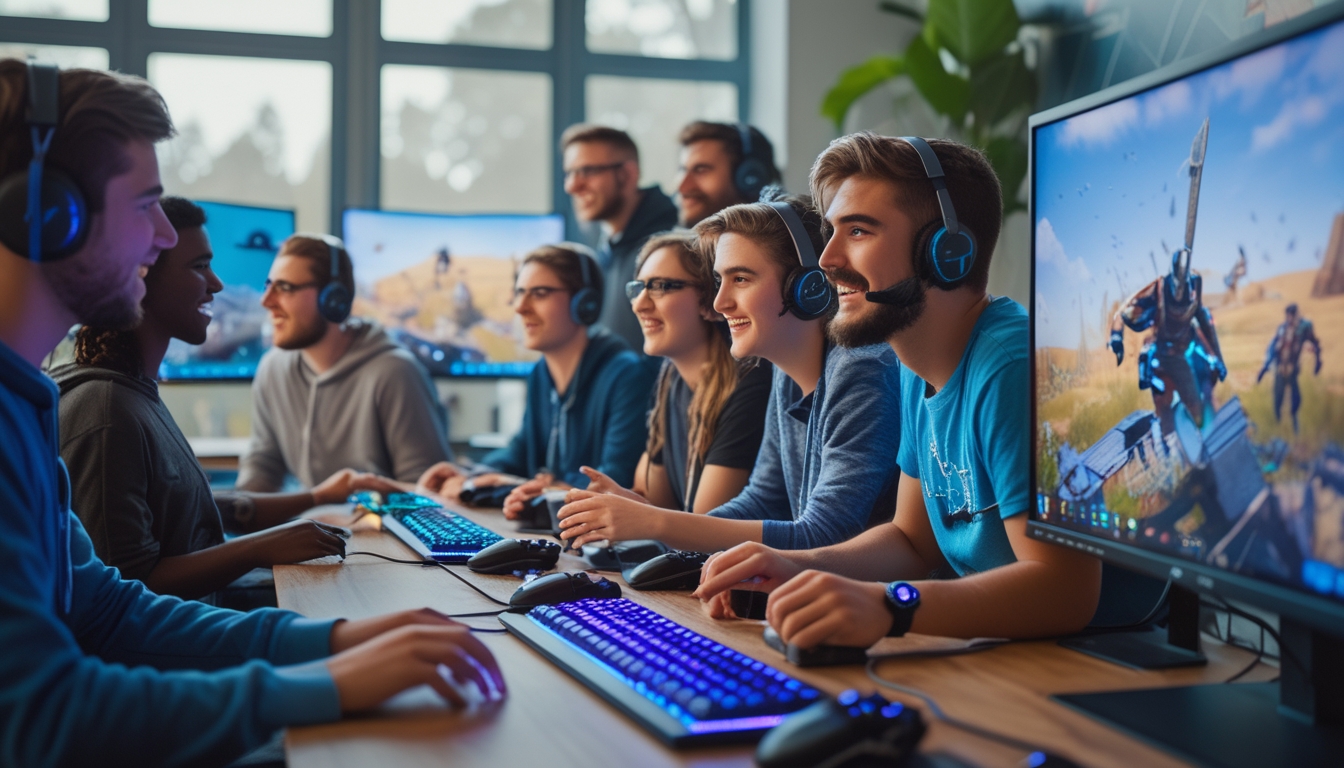 Sekelompok orang muda sedang bermain game battle royale bersama di sebuah ruangan dengan peralatan gaming modern.