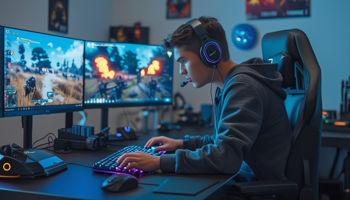 Seorang gamer muda sedang bermain game Battle Royale di meja dengan dua monitor dan perlengkapan gaming lengkap di sebuah ruangan yang rapi.
