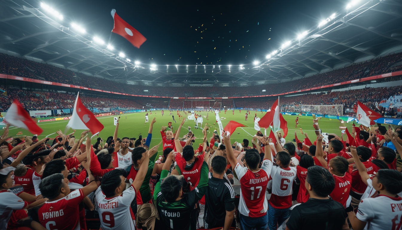Sekelompok penggemar sepak bola Indonesia merayakan gol di stadion dengan mengenakan jersey tim dan melambaikan bendera.